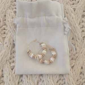 Gold Hoop Earrings with Cream and White Disc Beads